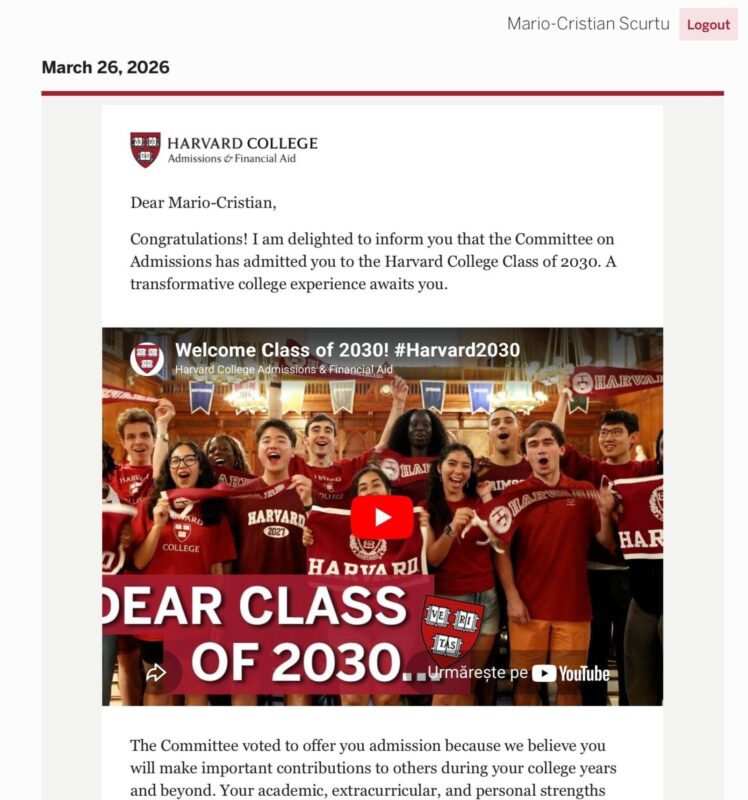 Olimpic din Gorj acceptat la Harvard