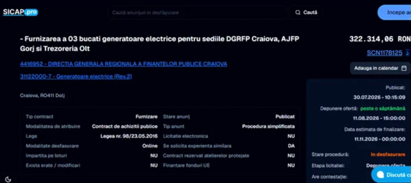 Institutiile statului isi dezvoltapasurse proprii de energie electrica Generator pentru Finantele din Gorj in contextul starii de alerta energetica