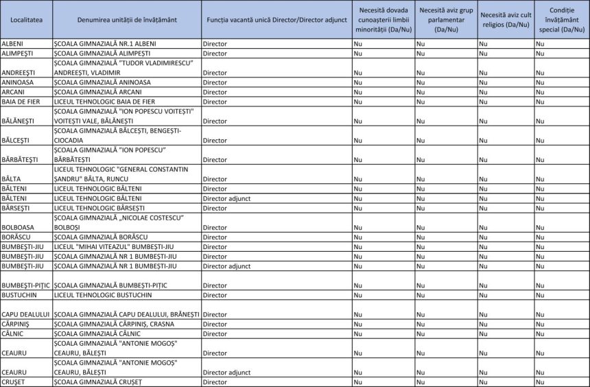 LISTA celor 133 de posturi de directori de scoli disponibile pentru concurs in Gorj