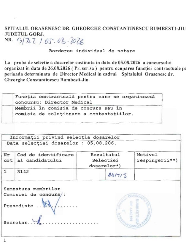Un singur aspirant pentru functia de director medical al spitalului din Bumbesti Jiu