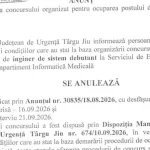 Concurs suspendat și ulterior anulat la Spitalul Județean de Urgență Târgu Jiu