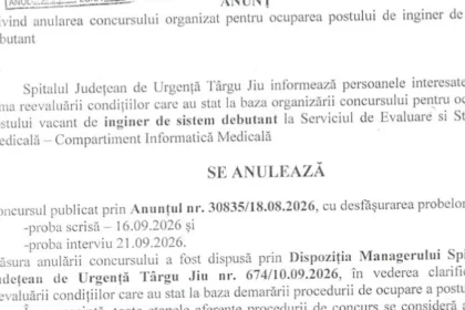 Concurs suspendat și ulterior anulat la Spitalul Județean de Urgență Târgu Jiu