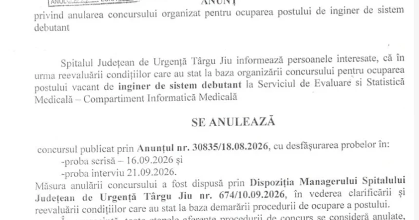 Concurs suspendat și ulterior anulat la Spitalul Județean de Urgență Târgu Jiu