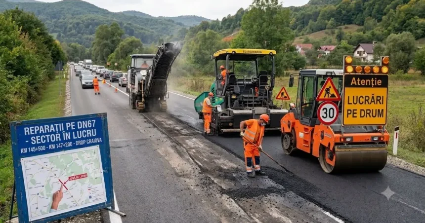 Lucrări de reparații în desfășurare pe Drumul Național 67 Târgu Jiu