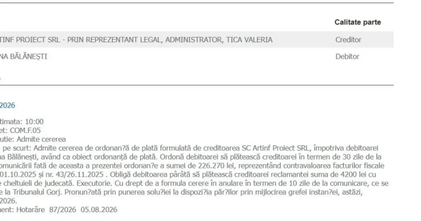 Primăria Bălănești, dată în judecată pentru facturi neonorate. Primar: „Nu-i rea-voință”